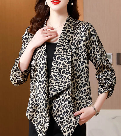Satin irregular long cardigan women's plus size spring and summer new fashion elegant thin casual sunscreen leopard print coat