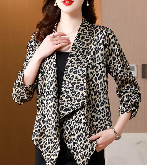 Satin irregular long cardigan women's plus size spring and summer new fashion elegant thin casual sunscreen leopard print coat