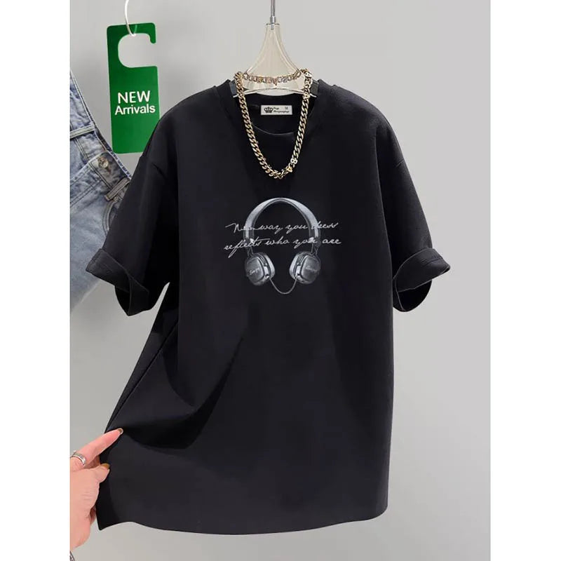 Women's Clothing Chic Headset Print Basic Pullovers Summer Casual Loose Pure Cotton Short Sleeve T-shirt Lady All-match Top Tees