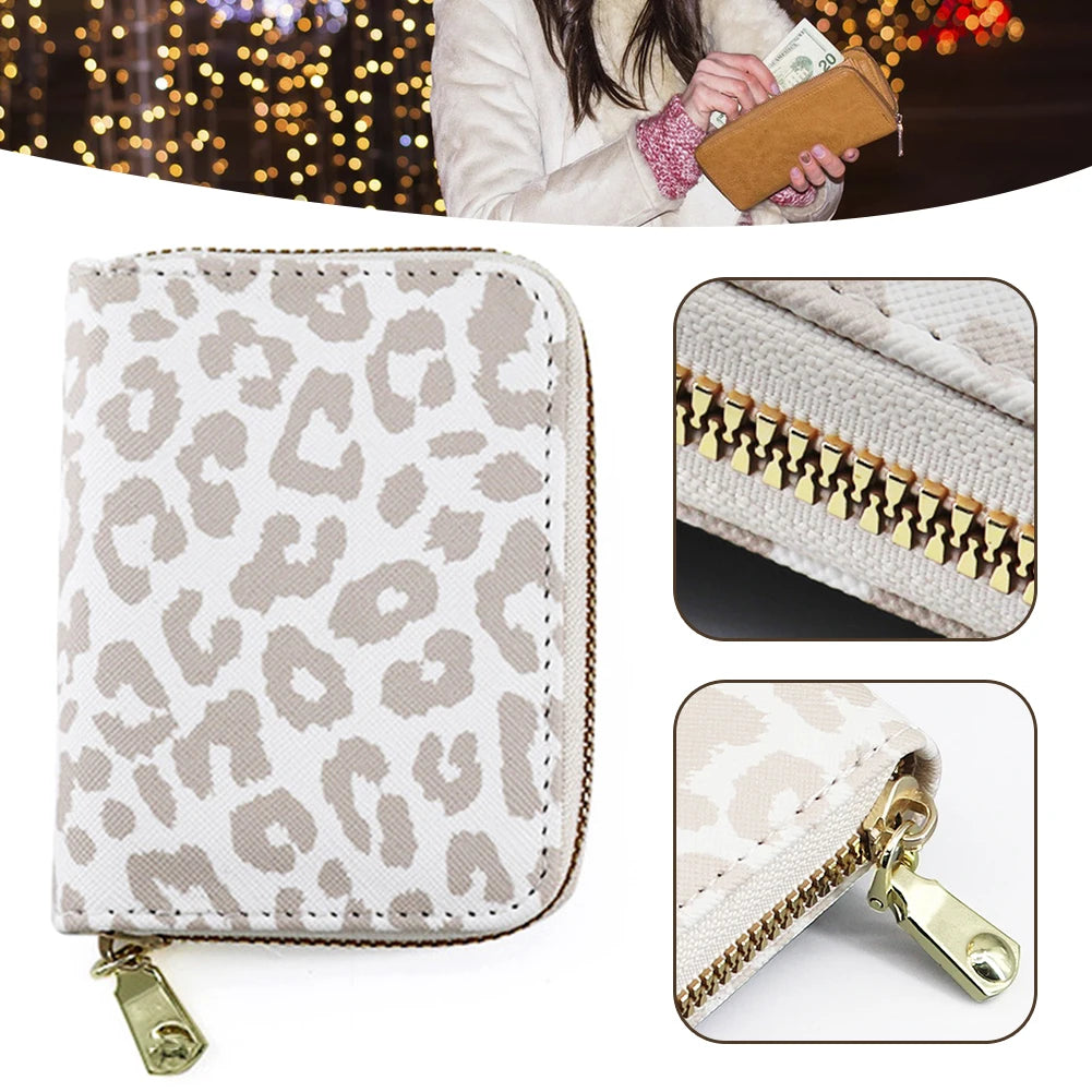 White Leopards Print Zipper Card Bag Wear-Resistant