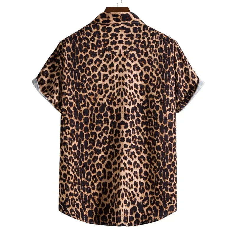 Leopard Hawaiian Sexy Floral Male Camisa Slim Fit