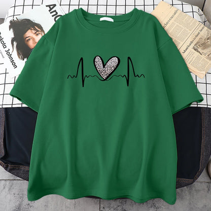 Fluctuating Leopard Heart Electrocardiogram T-Shirt Women Summer Soft Clothing Fashion Short Sleeve Plus Size Cotton Tshirts