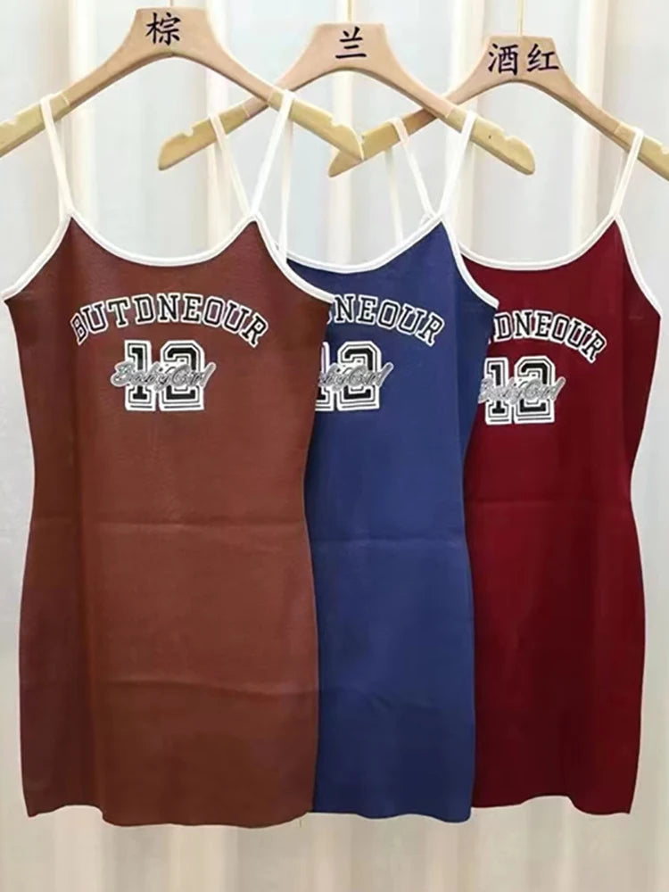 HELIAR Women Fashion Letter Print Sexy Bodycon Dress Spaghetti Strap O-neck Slim Fit Dress Streetwear Summer 2025 One piece