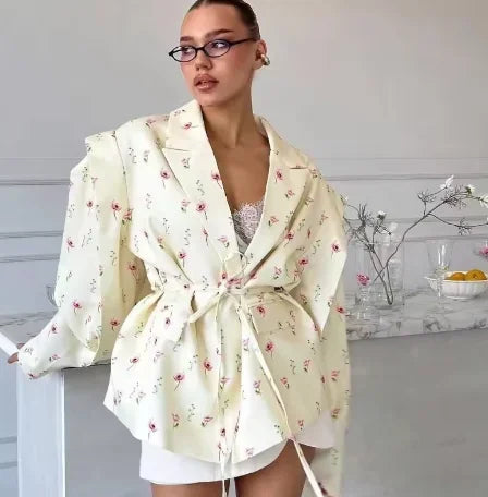 Floral Fashion Belts Blazer Coat Women Shoulder Pads Single Breasted Notched Long Sleeve Street Jacket 2025 Spring Holiday Party