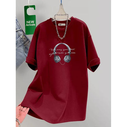 Women's Clothing Chic Headset Print Basic Pullovers Summer Casual Loose Pure Cotton Short Sleeve T-shirt Lady All-match Top Tees