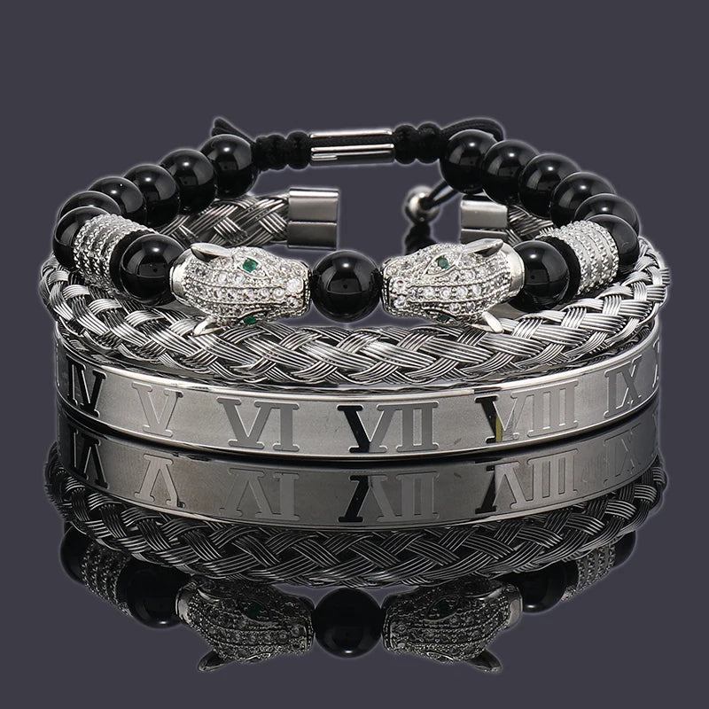Luxury Black Stone Beads Leopard Head Man Bracelet
