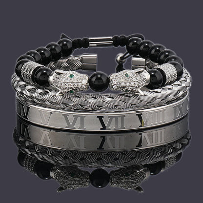 Luxury Black Stone Beads Leopard Head Man Bracelet