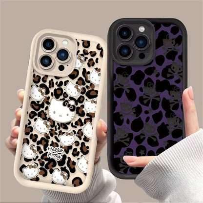 Hello Kitty Leopard Print Phone Case for Iphone 16 15 14 13 12 11 Pro Max XS X XR 8 7 6S plus SE 2020 Liquid Silicone Soft Cover