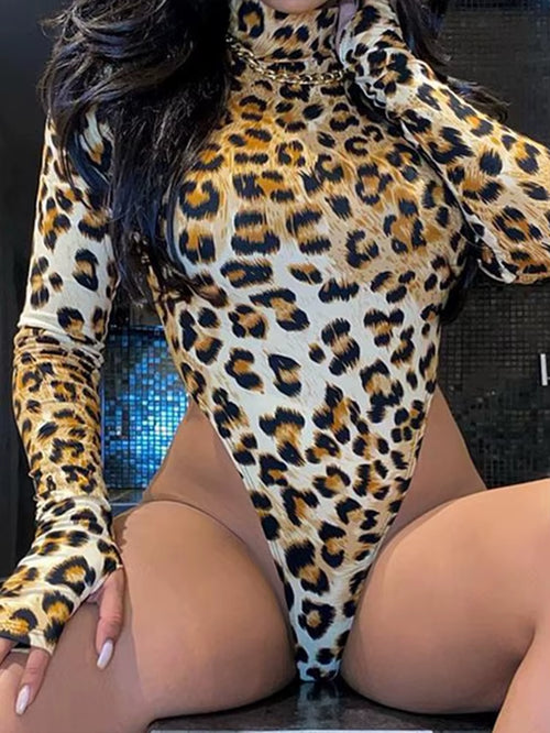 Leopard Print Skinny Bodysuit for Women Spring Autumn Hot Sexy Trendy Long Sleeve High Neck Female Rompers Overalls 1 Piece
