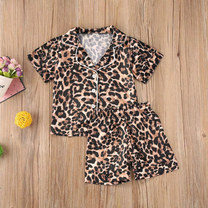 1-6Y Kids Girls Leopard Pajamas Set Baby Sleepwear Summer Autumn Short Sleeve Casual Satin Pyjamas Children Nightwear