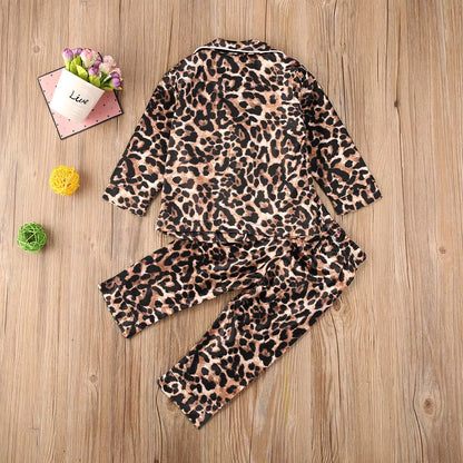 1-6Y Kids Girls Leopard Pajamas Set Baby Sleepwear Summer Autumn Short Sleeve Casual Satin Pyjamas Children Nightwear