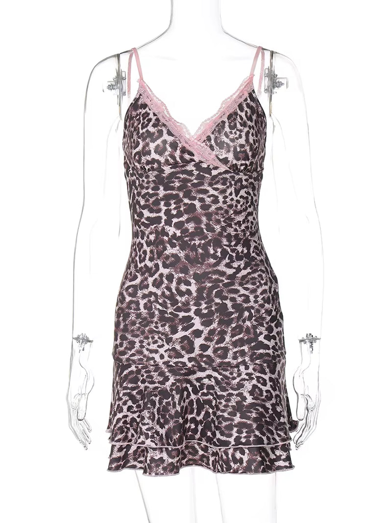 Women Sexy Party Club Vacation V Neck Leopard Bodycon Lace Mini Dress 2024 Summer Clothes Wholesale Items for Business