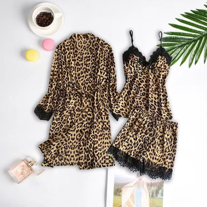 Summer Leopard Print Lace Splicing Pajamas 3 Types Women Sexy Robe Vest Shorts Set Soft Sleeveless Deep V-Neck Home Pajamas Robe
