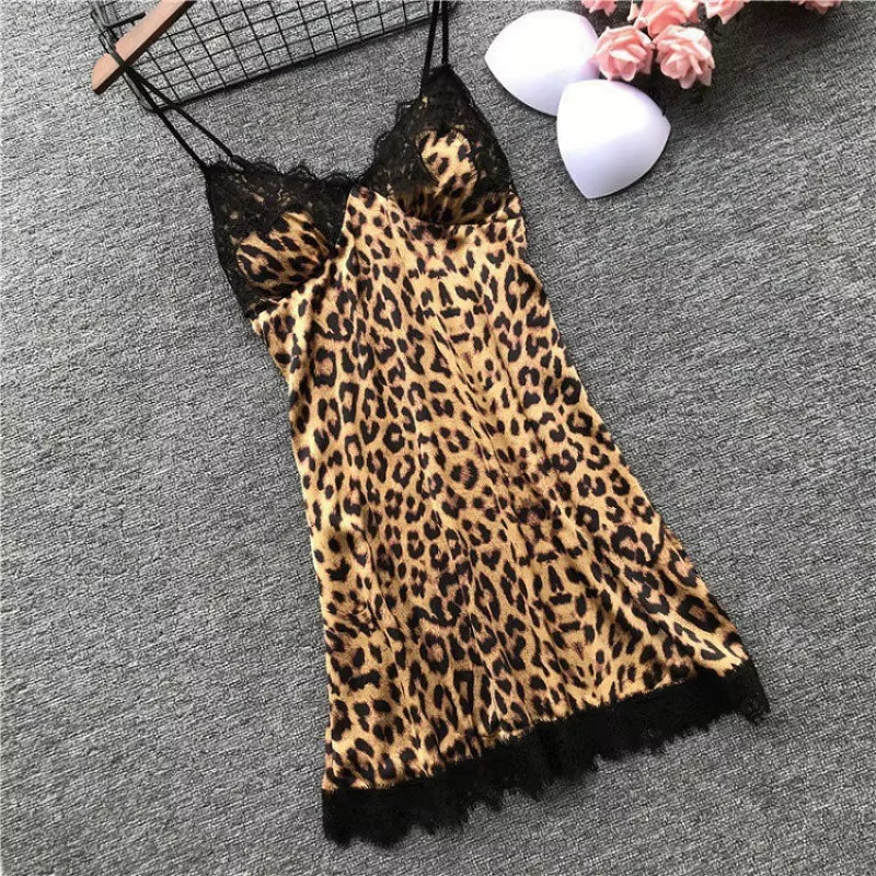 Summer Leopard Print Lace Splicing Pajamas 3 Types Women Sexy Robe Vest Shorts Set Soft Sleeveless Deep V-Neck Home Pajamas Robe