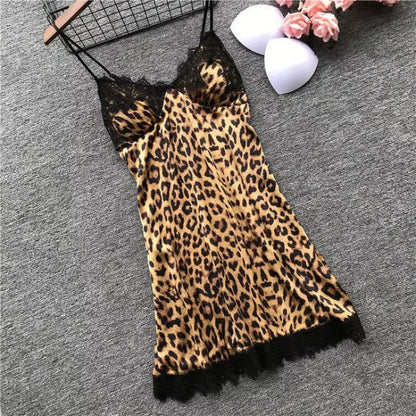 Summer Leopard Print Lace Splicing Pajamas 3 Types Women Sexy Robe Vest Shorts Set Soft Sleeveless Deep V-Neck Home Pajamas Robe