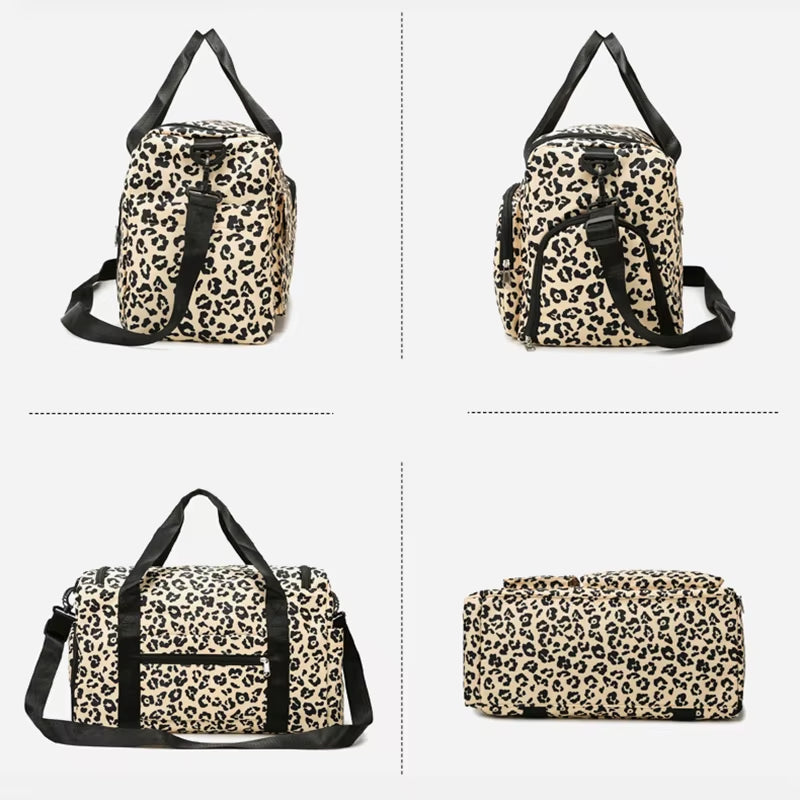Classic Leopard Print Large Capacity Leisure Luggage Bag with Multiple Pockets and Shoe Compartment Sports Fitness Travel Bag