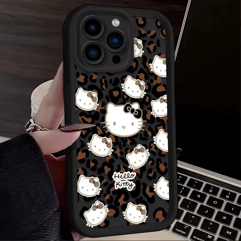 Hello Kitty Leopard Print Phone Case for Iphone 16 15 14 13 12 11 Pro Max XS X XR 8 7 6S plus SE 2020 Liquid Silicone Soft Cover