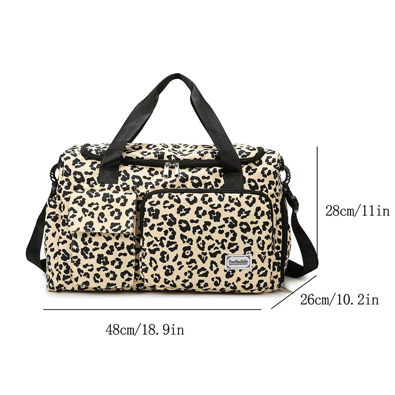 Classic Leopard Print Large Capacity Leisure Luggage Bag with Multiple Pockets and Shoe Compartment Sports Fitness Travel Bag