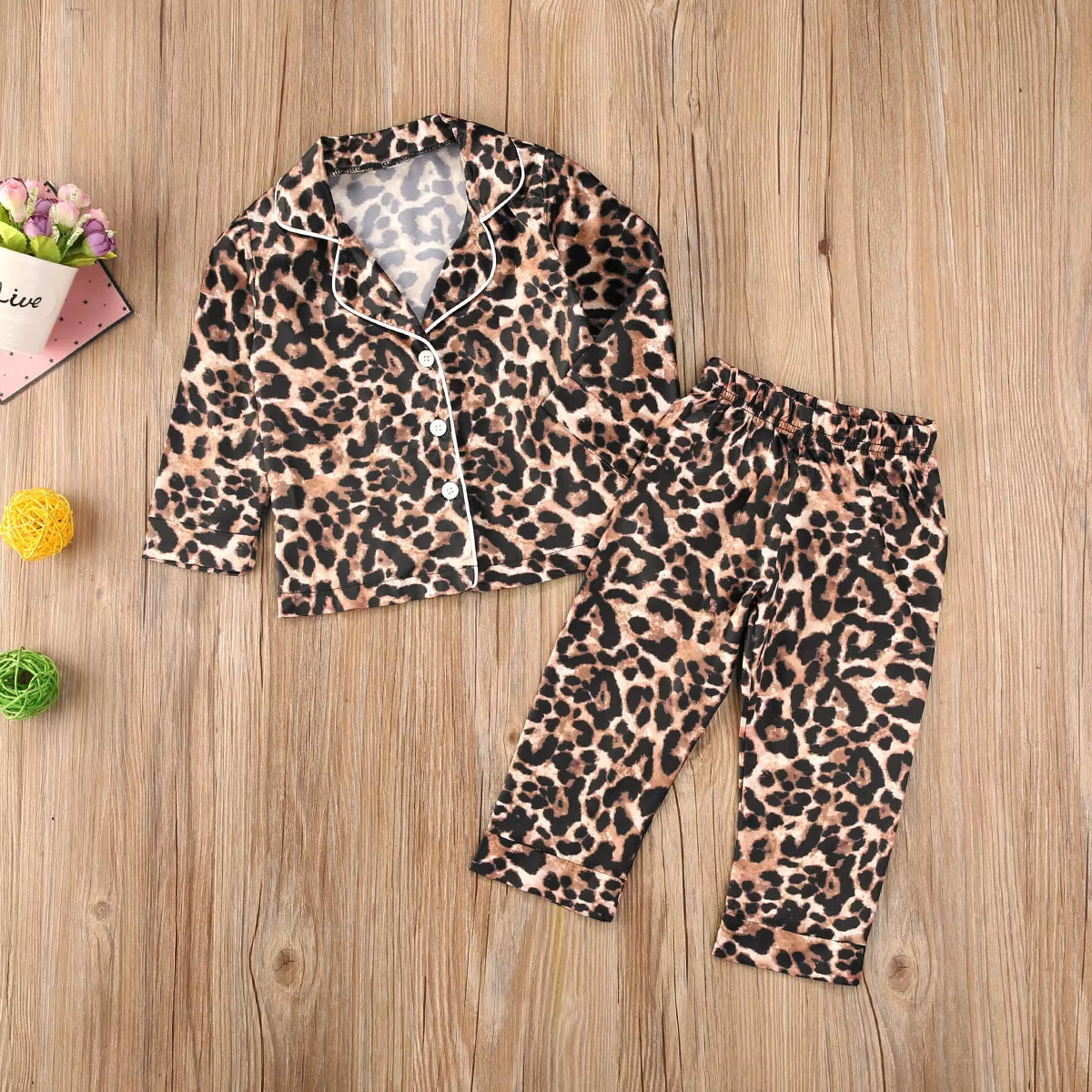 1-6Y Kids Girls Leopard Pajamas Set Baby Sleepwear Summer Autumn Short Sleeve Casual Satin Pyjamas Children Nightwear