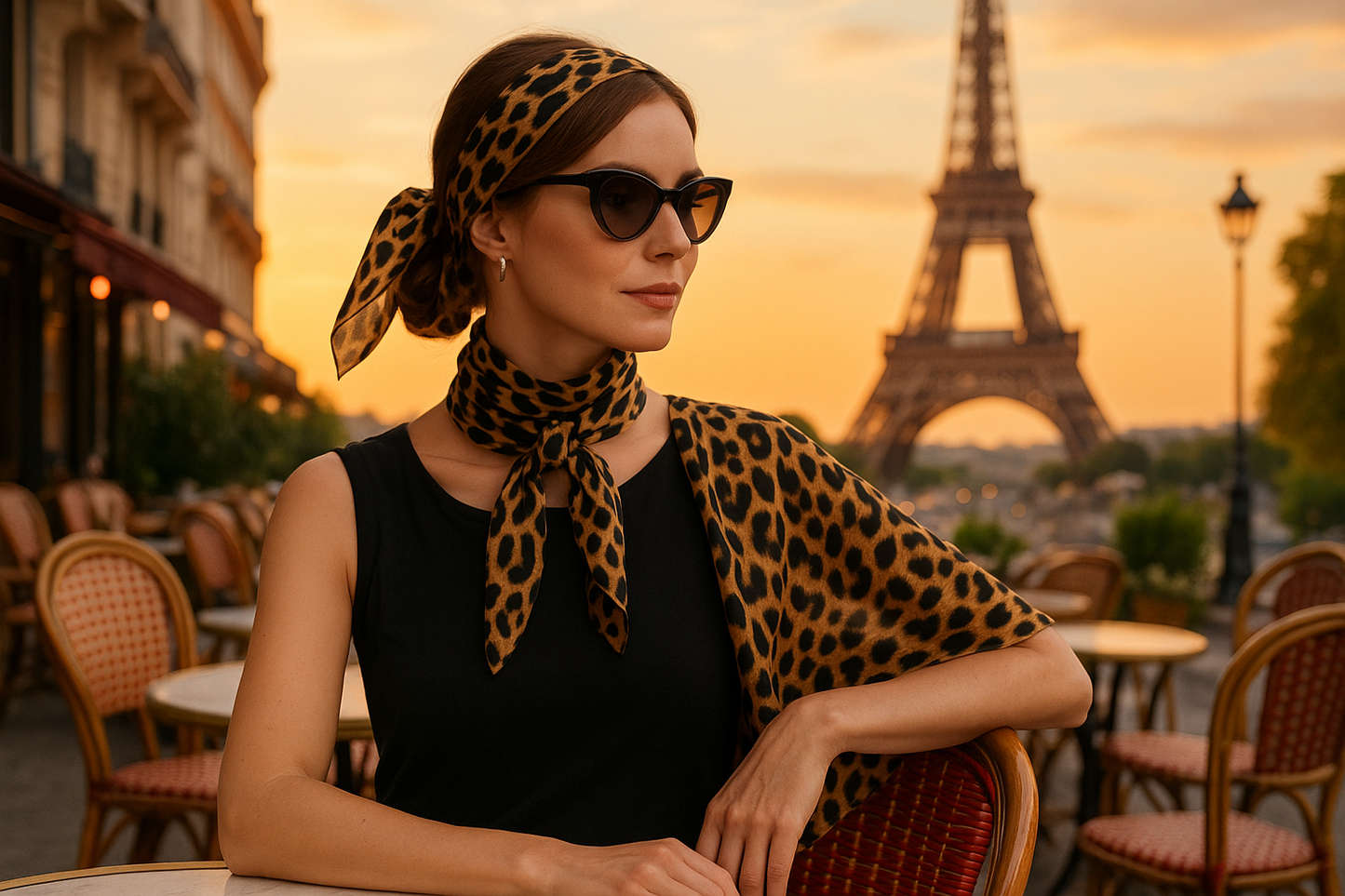 Femme élégante portant une écharpe léopard de différentes façons lors d'une soirée d'été à Paris
