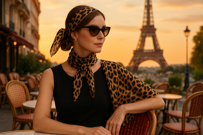 Femme élégante portant une écharpe léopard de différentes façons lors d'une soirée d'été à Paris