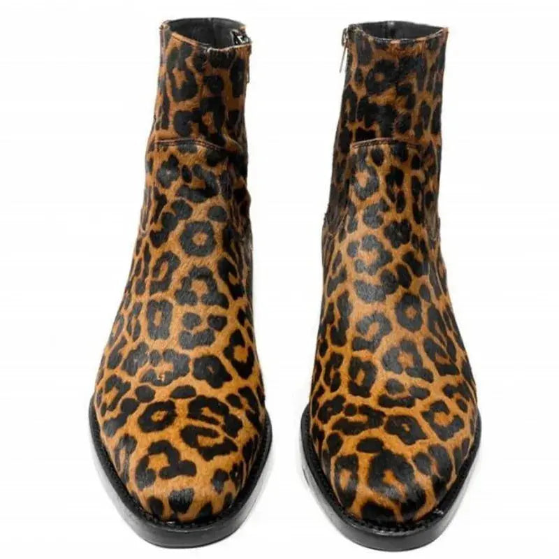 Brown Leopard Print Genuine Leather Mens Ankle Boots Jungle Line