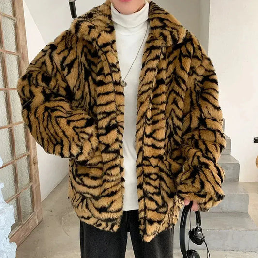Tiger Stripes Printed Men Jacket Loose Fluffy Imitation Jungle Line