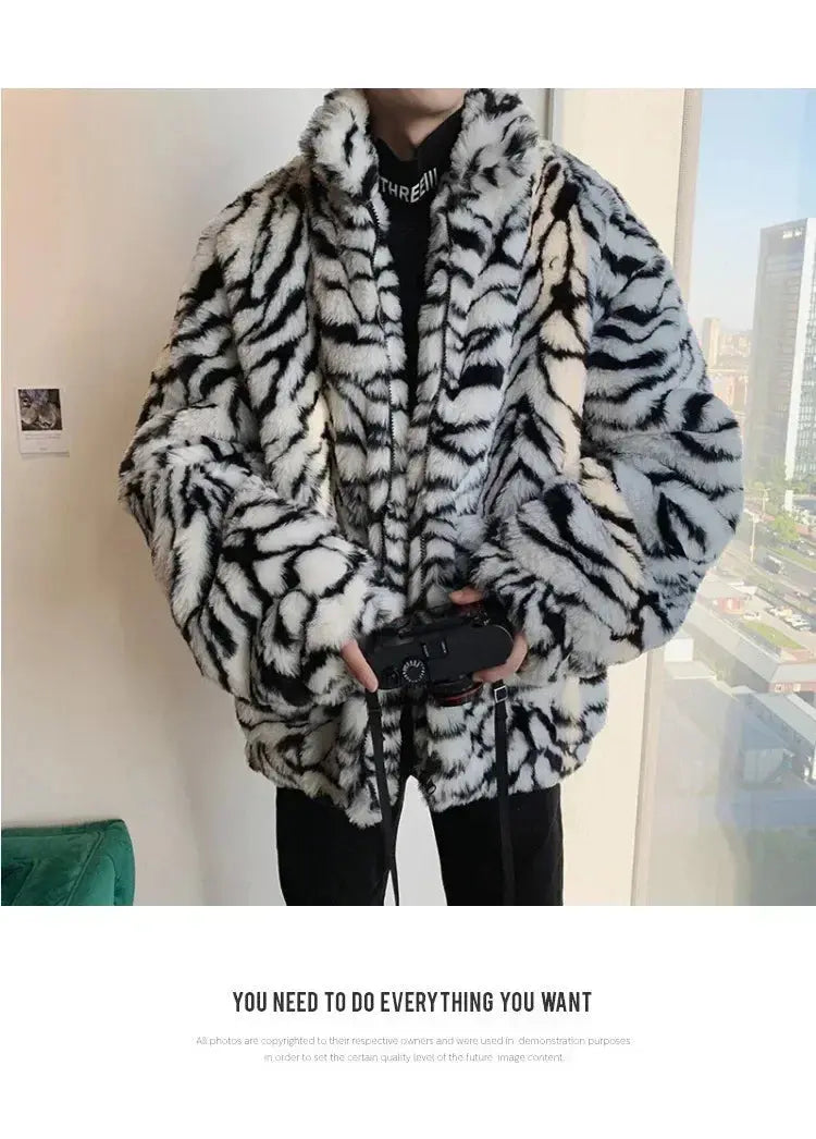 Tiger Stripes Printed Men Jacket Loose Fluffy Imitation Jungle Line