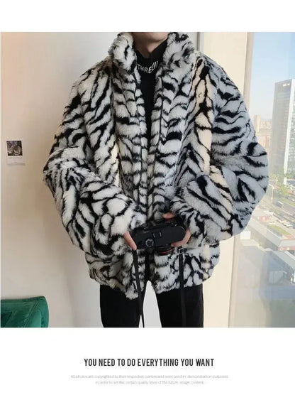 Tiger Stripes Printed Men Jacket Loose Fluffy Imitation Jungle Line