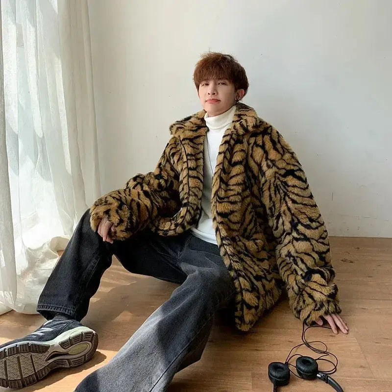 Tiger Stripes Printed Men Jacket Loose Fluffy Imitation Jungle Line