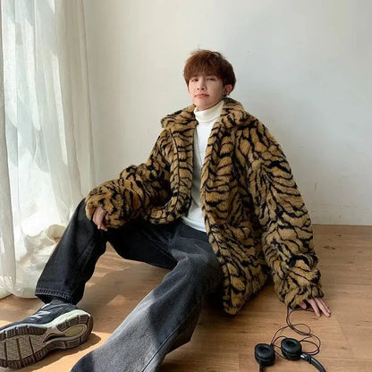 Tiger Stripes Printed Men Jacket Loose Fluffy Imitation Jungle Line
