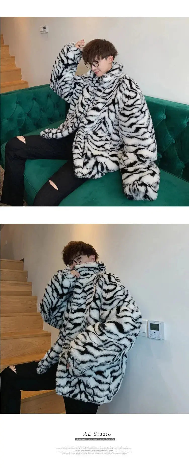 Tiger Stripes Printed Men Jacket Loose Fluffy Imitation Jungle Line