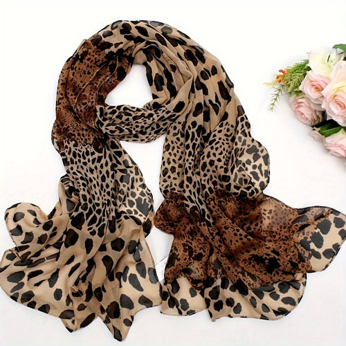 Boho Style Leopard Print Scarf for Women - 100% Polyester, Inelastic, Non-Feathered, Printed Chiffon Shawl - Windproof, Warm, Breathable Head Wrap for Going Out, Travel, Beach - 1PCS - Jungle Line