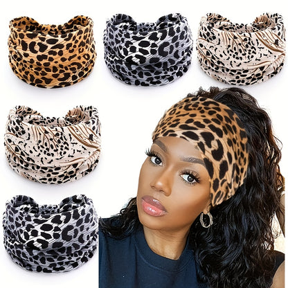 1pc Fashion Leopard Print Women's Yoga Headband - Knitted Elastane Wide Knot Sports Sweatband for Normal Hair - Jungle Line