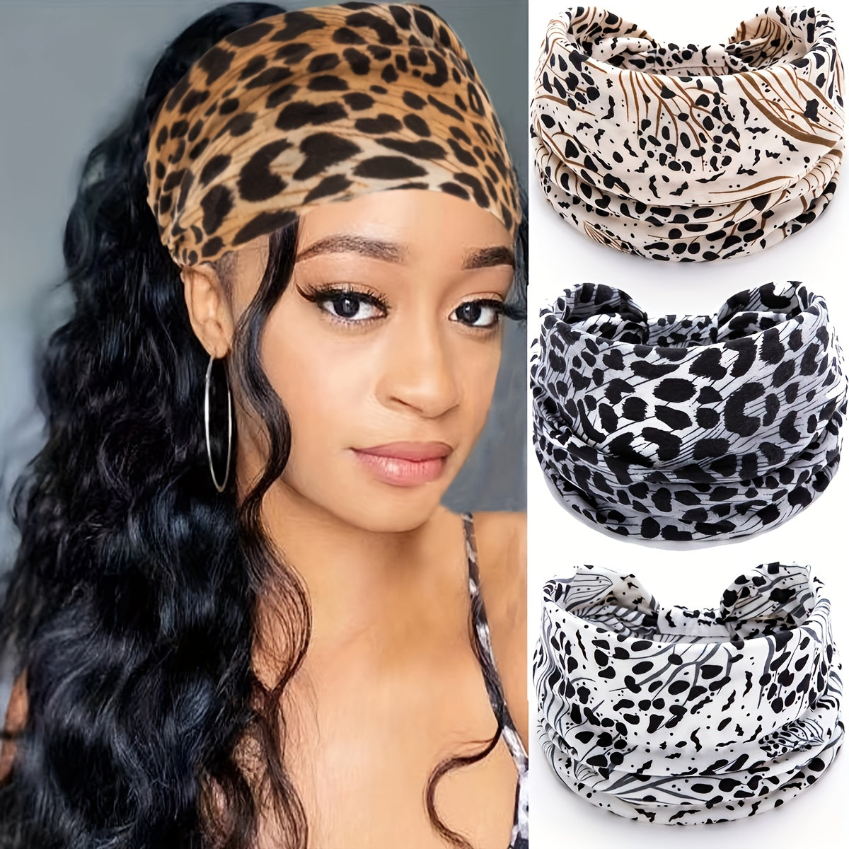 1pc Fashion Leopard Print Women's Yoga Headband - Knitted Elastane Wide Knot Sports Sweatband for Normal Hair - Jungle Line