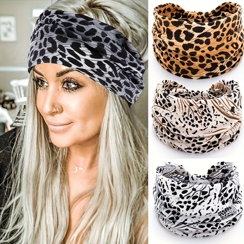 1pc Fashion Leopard Print Women's Yoga Headband - Knitted Elastane Wide Knot Sports Sweatband for Normal Hair - Jungle Line