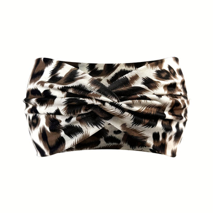1pc Fashion Leopard Print Women's Yoga Headband - Knitted Elastane Wide Knot Sports Sweatband for Normal Hair - Jungle Line
