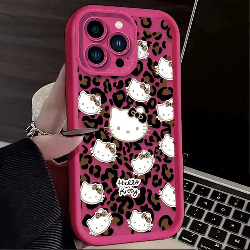 Hello Kitty Leopard Print Phone Case for Iphone 16 15 14 13 12 11 Pro Max XS X XR 8 7 6S plus SE 2020 Liquid Silicone Soft Cover