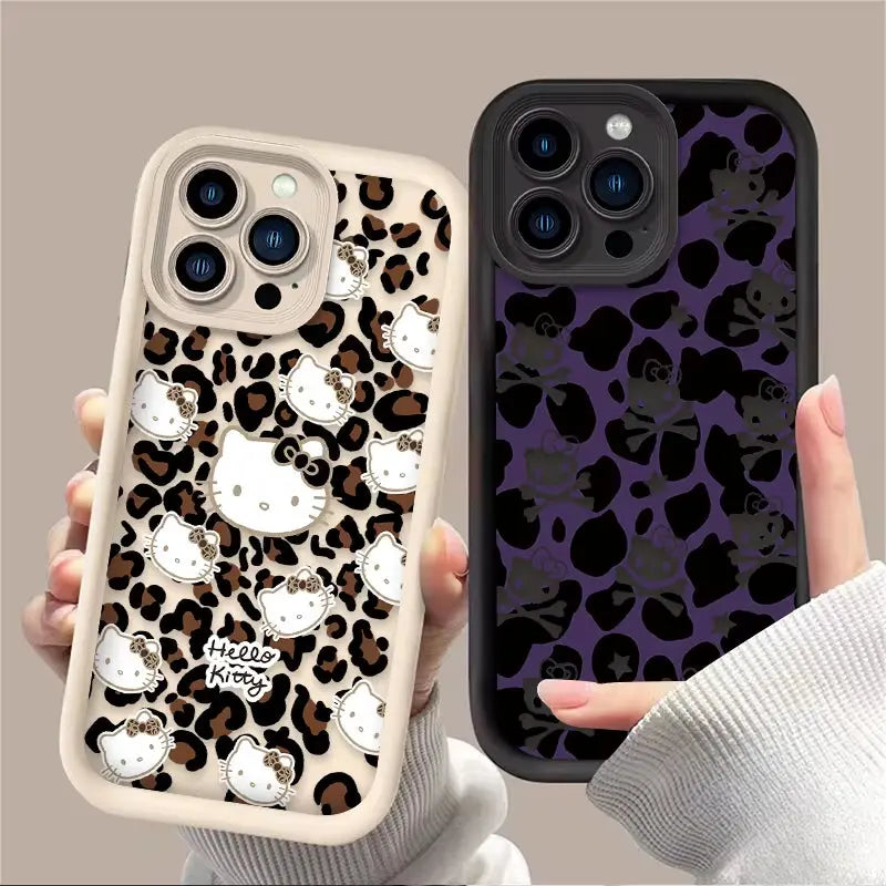 Hello Kitty Leopard Print Phone Case for Iphone 16 15 14 13 12 11 Pro Max XS X XR 8 7 6S plus SE 2020 Liquid Silicone Soft Cover