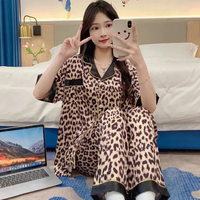 Ice silk advanced sense of leopard print women's pajamas - Jungle Line