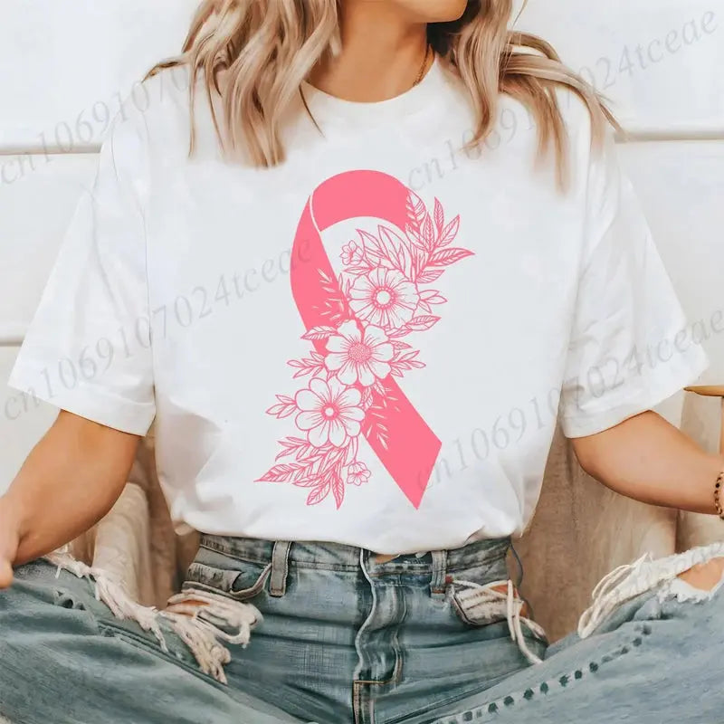 Pink floral breast cancer awareness T-shirt by Jungle Line featuring a pink ribbon, designed for cancer survivors and supporters.