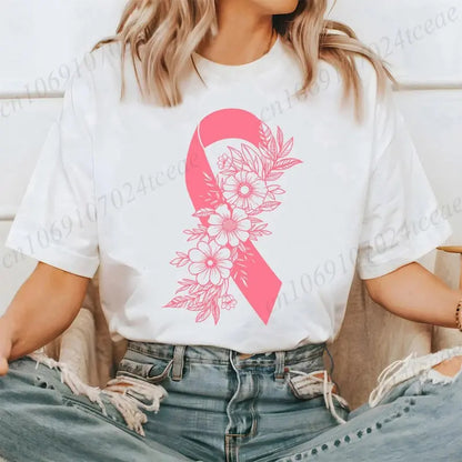 Pink floral breast cancer awareness T-shirt by Jungle Line featuring a pink ribbon, designed for cancer survivors and supporters.