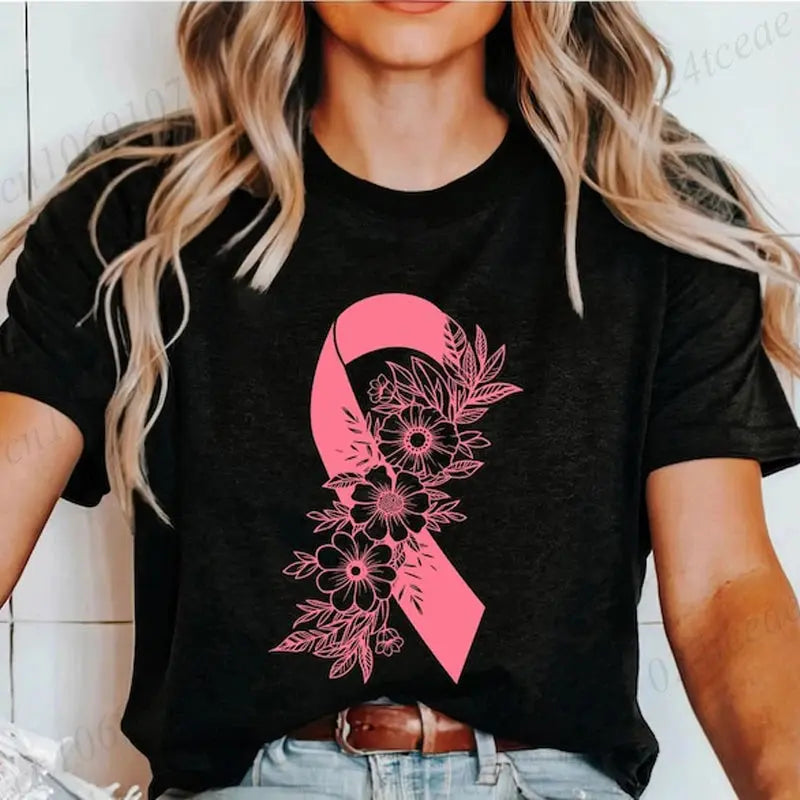 Pink floral breast cancer awareness T-shirt by Jungle Line featuring a pink ribbon design, supporting cancer fighters and survivors.
