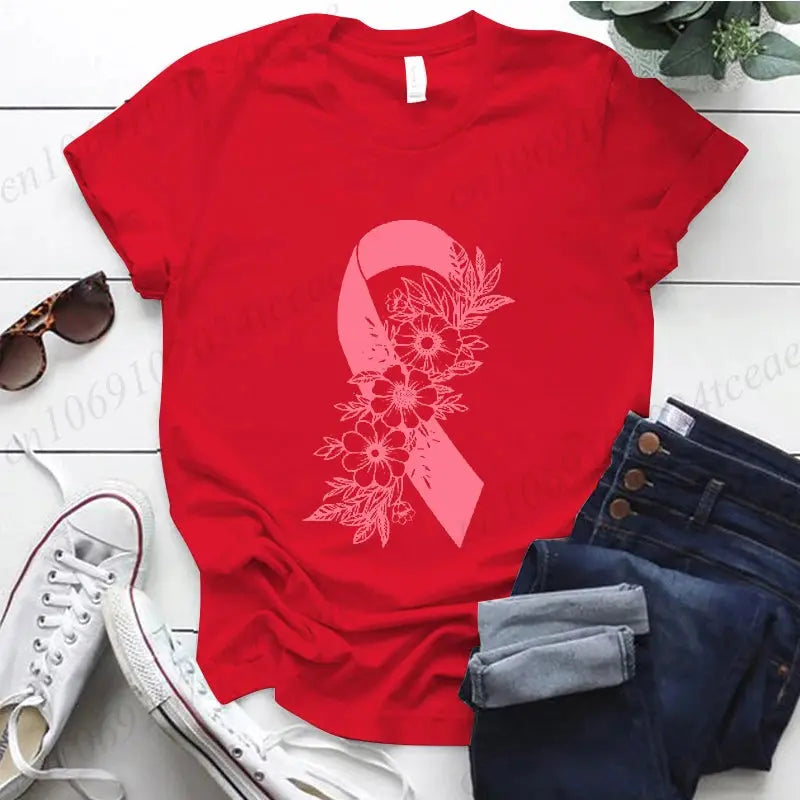 Pink floral breast cancer awareness T-shirt by Jungle Line featuring pink ribbon support for cancer fighters and survivors.