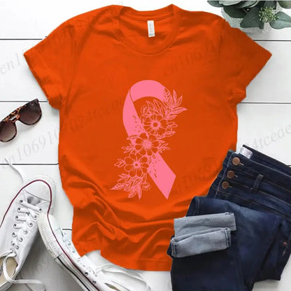 Pink floral Breast Cancer Awareness T-shirt by Jungle Line featuring pink ribbon design, supporting cancer fighters and survivors.
