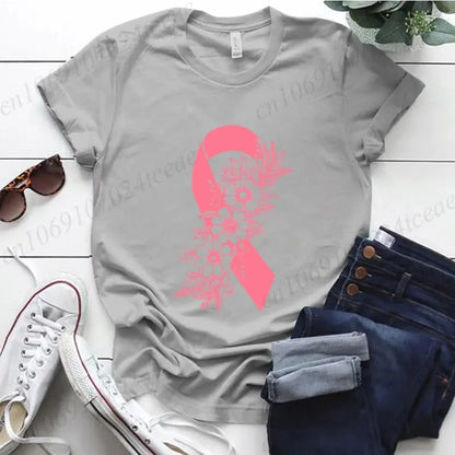 Pink floral breast cancer awareness T-shirt by Jungle Line featuring pink ribbon support for cancer fighters and survivors.
