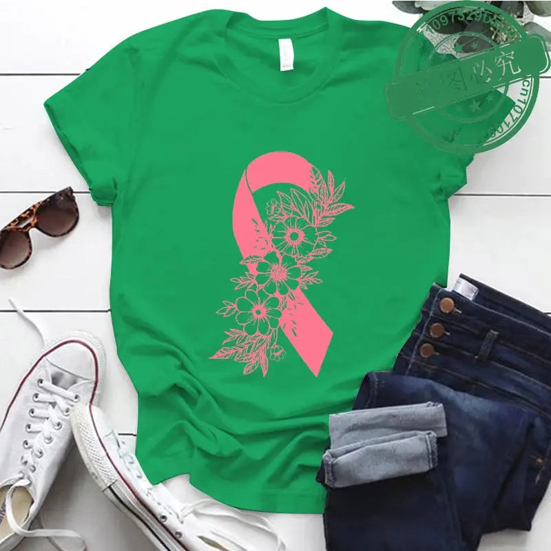 Pink floral breast cancer awareness shirt by Jungle Line featuring pink ribbon design, supporting cancer fighters and survivors.