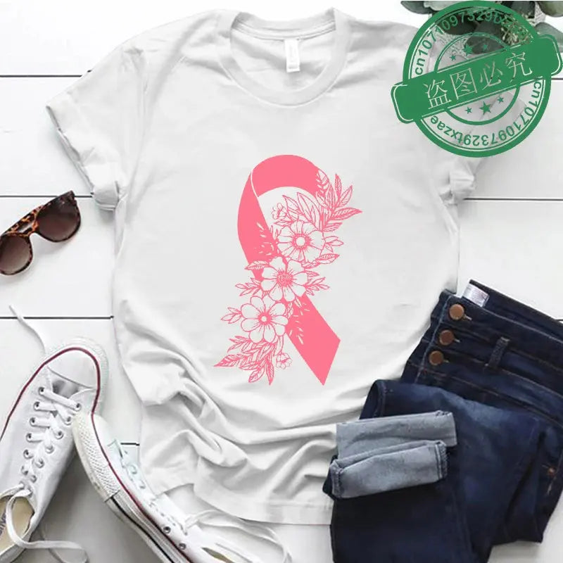 Pink floral breast cancer awareness shirt by Jungle Line featuring pink ribbon design, supporting cancer fighters and survivors.