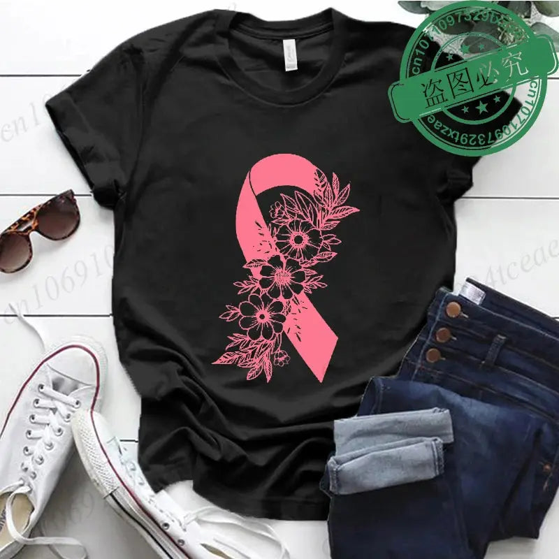 Pink floral Breast Cancer Awareness T-shirt by Jungle Line featuring a pink ribbon, supporting cancer fighters and survivors.