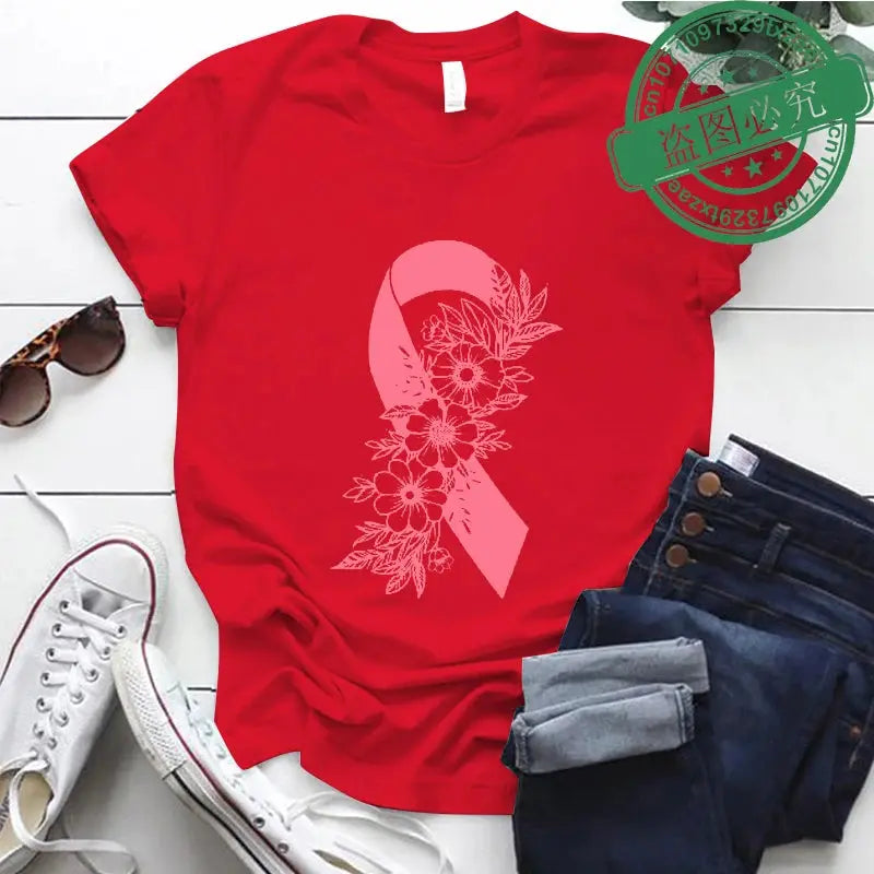 Pink floral breast cancer awareness t-shirt by Jungle Line featuring pink ribbon design, supporting cancer fighters and survivors.